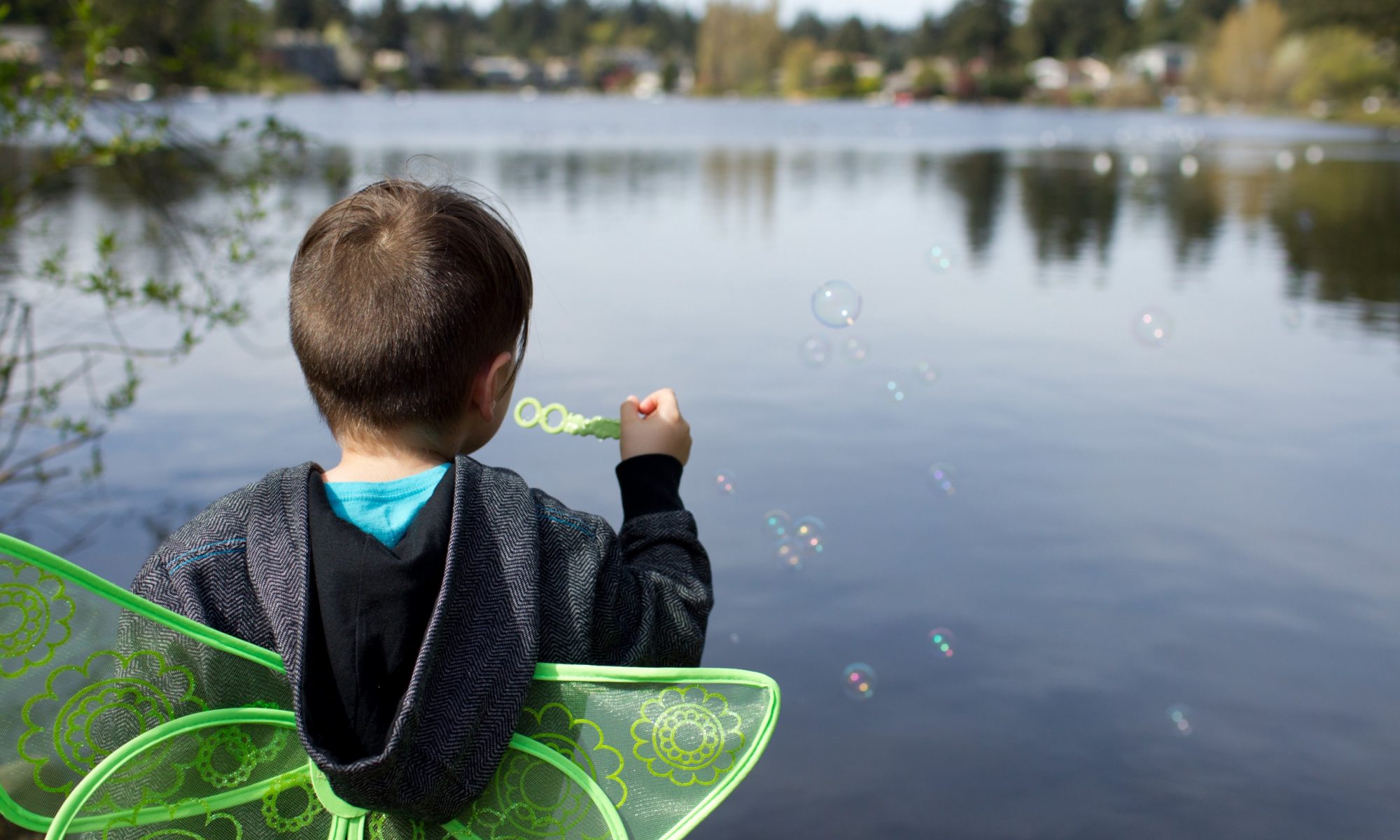 Little boy wearing green fairy wings and a grey hoodie blowing bubbles over a lake with evergreen trees in the distance.